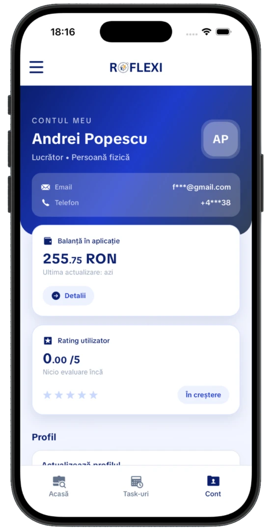 Ecran pasul 3 - îți setezi profilul